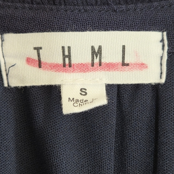 THML | Navy Blue Crinkled Halter Dress with Colorful Embroidery Size Small - Picture 4 of 5